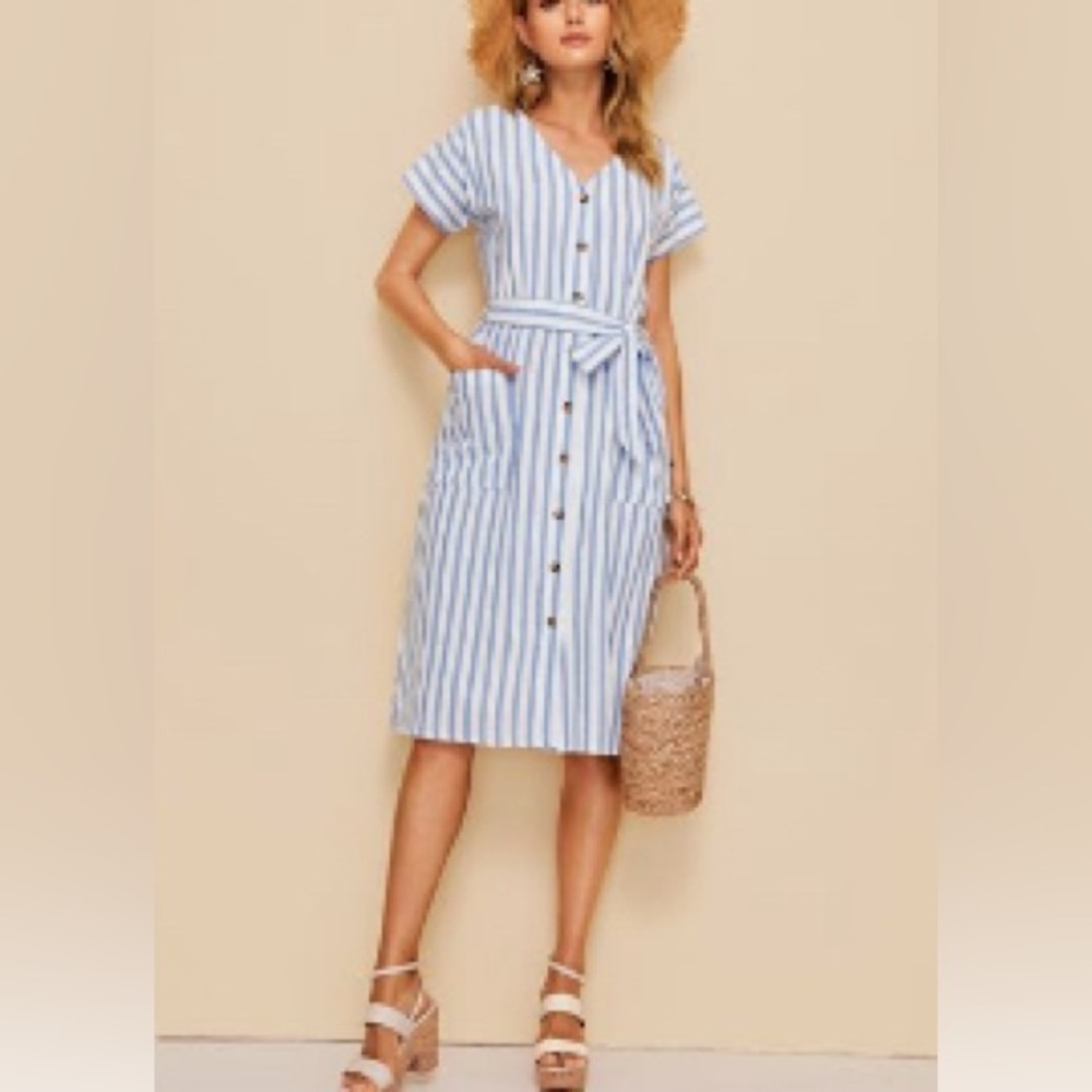 Pocket Front Blue and White Stripe Button Up Belted Dress